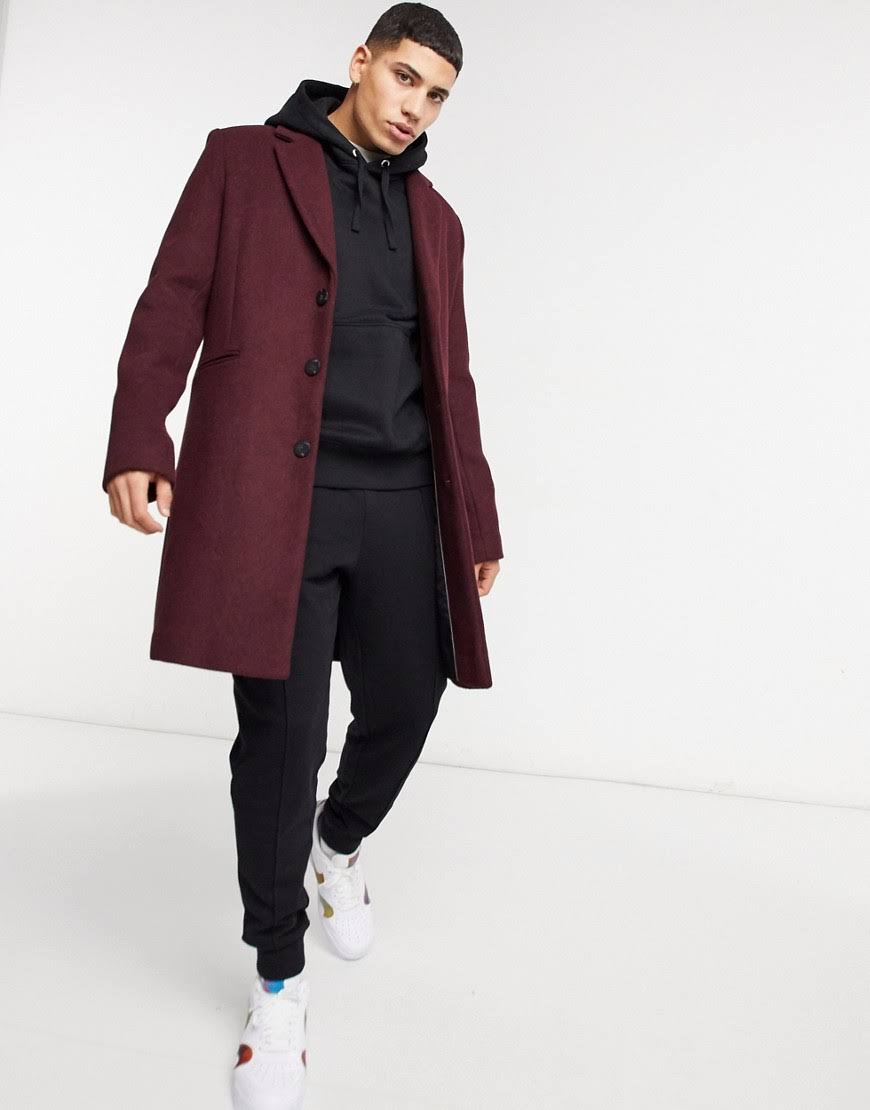 ASOS Design Wool Mix Overcoat in Port-Red