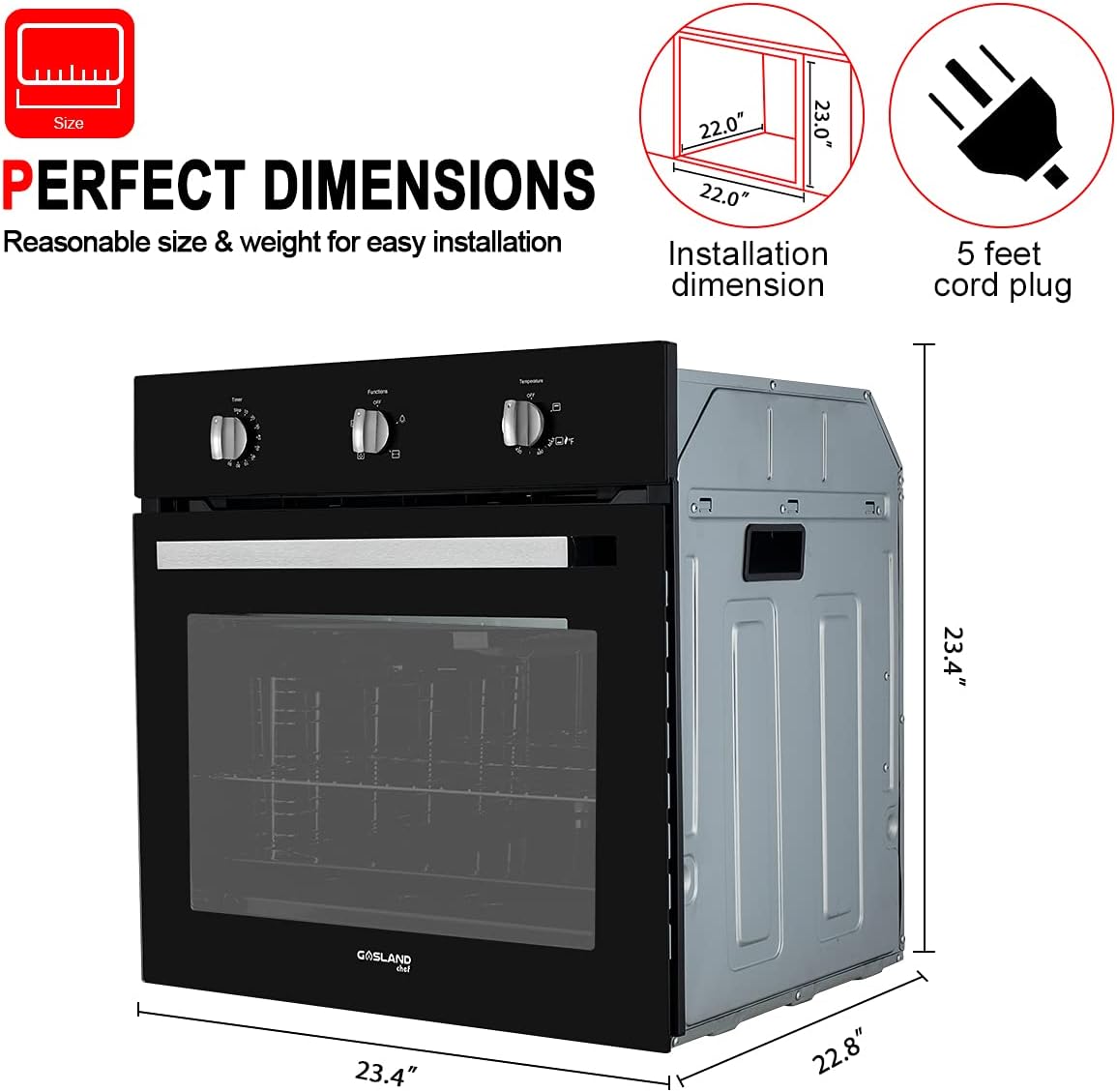 Single Gas Wall Oven, GASLAND Chef GS606MBN 24 Built-in Natural Gas Oven, 6 Cooking Functions Convection Wall Oven with Rotisserie, Mechanical Knobs Control, 120V Electric Ignition, Black Glass