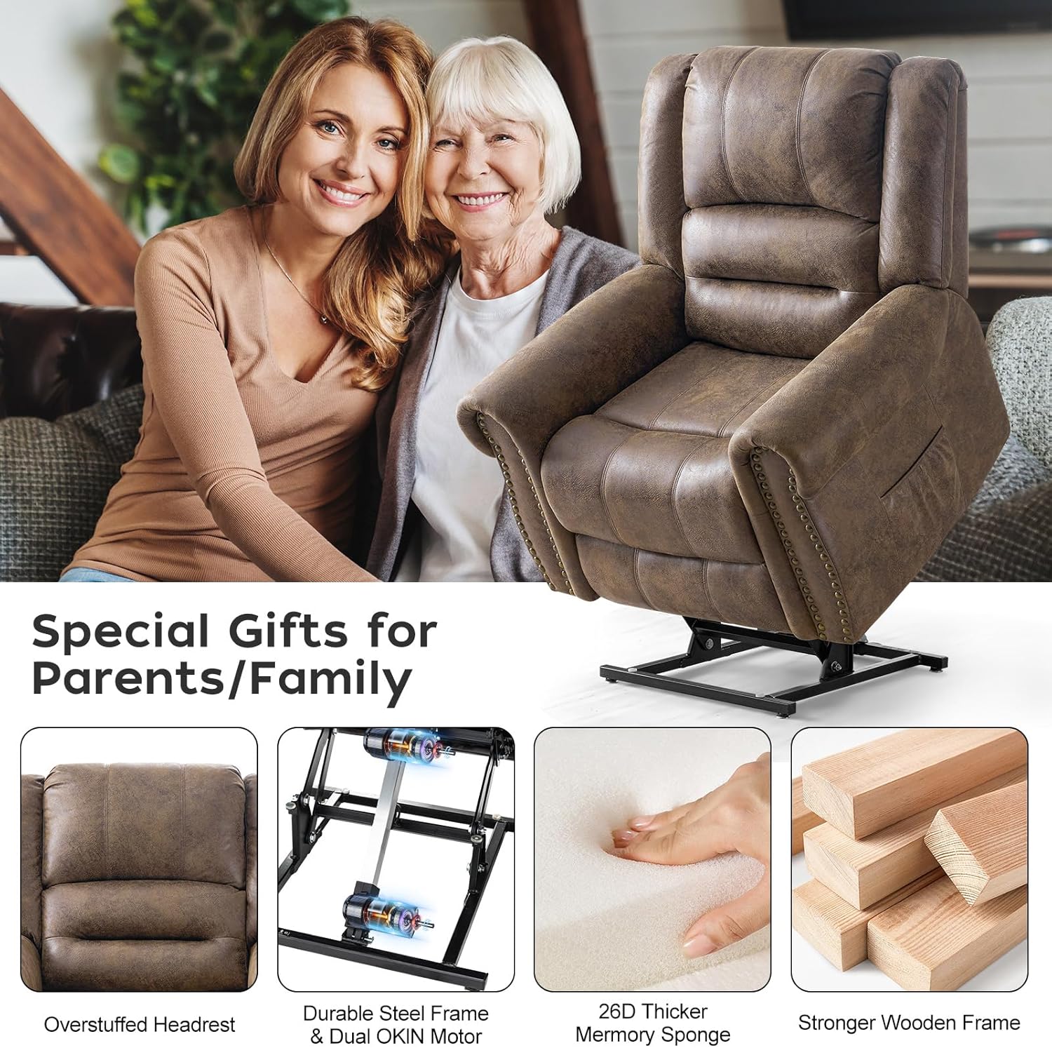Lay Flat Dual Motor Power Lift Recliner Chair with Massage and Heat for Elderly, Breathable Leather Overstuffed Lift Chairs, Infinite Position Recliner Chairs for Sleeping, 1PC, Light Brown