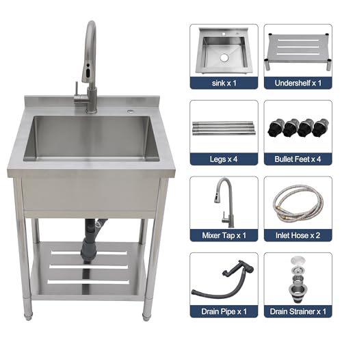 Lordear Stainless Steel Utility Sink 24 Inch - 24"x21" Freestanding Stainless Steel Kitchen Sink Single Bowl Commercial and Residential Use for Laundry Room Garage Outdoor and Kitchen