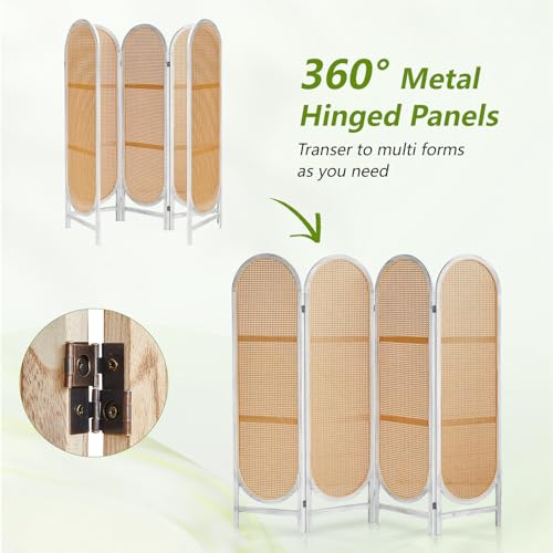 6 Panels Room Dividers and Folding Privacy Screens, Hand-Woven Rattan Room Divider Wall, Wood Room Divider Freestanding Room Partitions Screen for Home Office Bedroom, WhiteBrown
