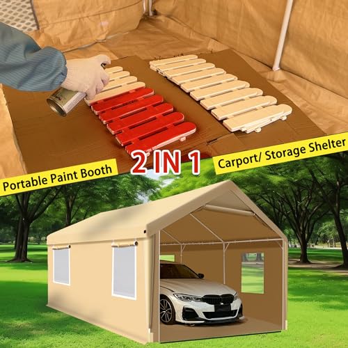 Rainproof Portable Paint Booth 26X14X10.5FT Spray Booth with 6pcs Mesh Windows & Floor for Painting Cars, Auto Parts, Furnitures and Other Big Items