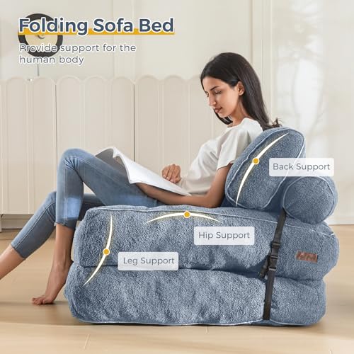 MAXYOYO Folding Sofa Bed, Convertible Sleeper Chair with Pillow Foldable Mattress with Back Support, Portable Fold Out Sofa Couch Fuzzy Fabric Comfy Floor Sofa Lounge for Living Room Apartment, Beige
