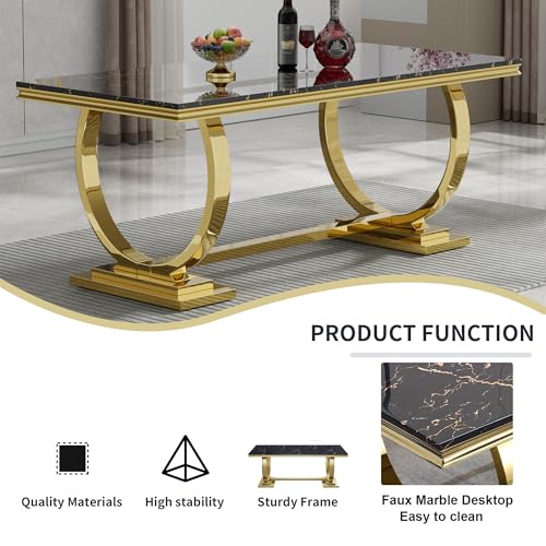 7 Piece Marble Dining Table Set for 6, Luxury White Marble Gold Kitchen Table with 6 Grey Velvet Upholstered Chairs, Modern 6 Person Dining Room Table Set for Kicken Dining Office Room