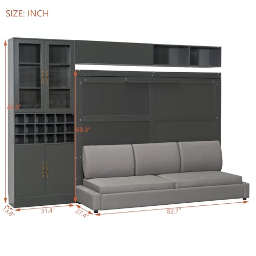Merax Queen Size Murphy Bed Wall Bed with Sofa, Shelves, USB & Light - Space Saving Foldable Bed for Small Apartments, Grey