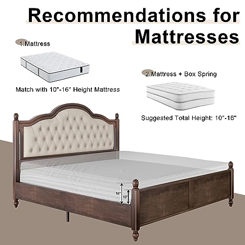 Solid Bed Frame Queen Size, Transitional Platform Bed with 52.5"" Upholstered Tufted Headboard, Rubberwood/Roman Column Accents/Wood Slat Support/No Box Spring Needed,bed frame, Walnut