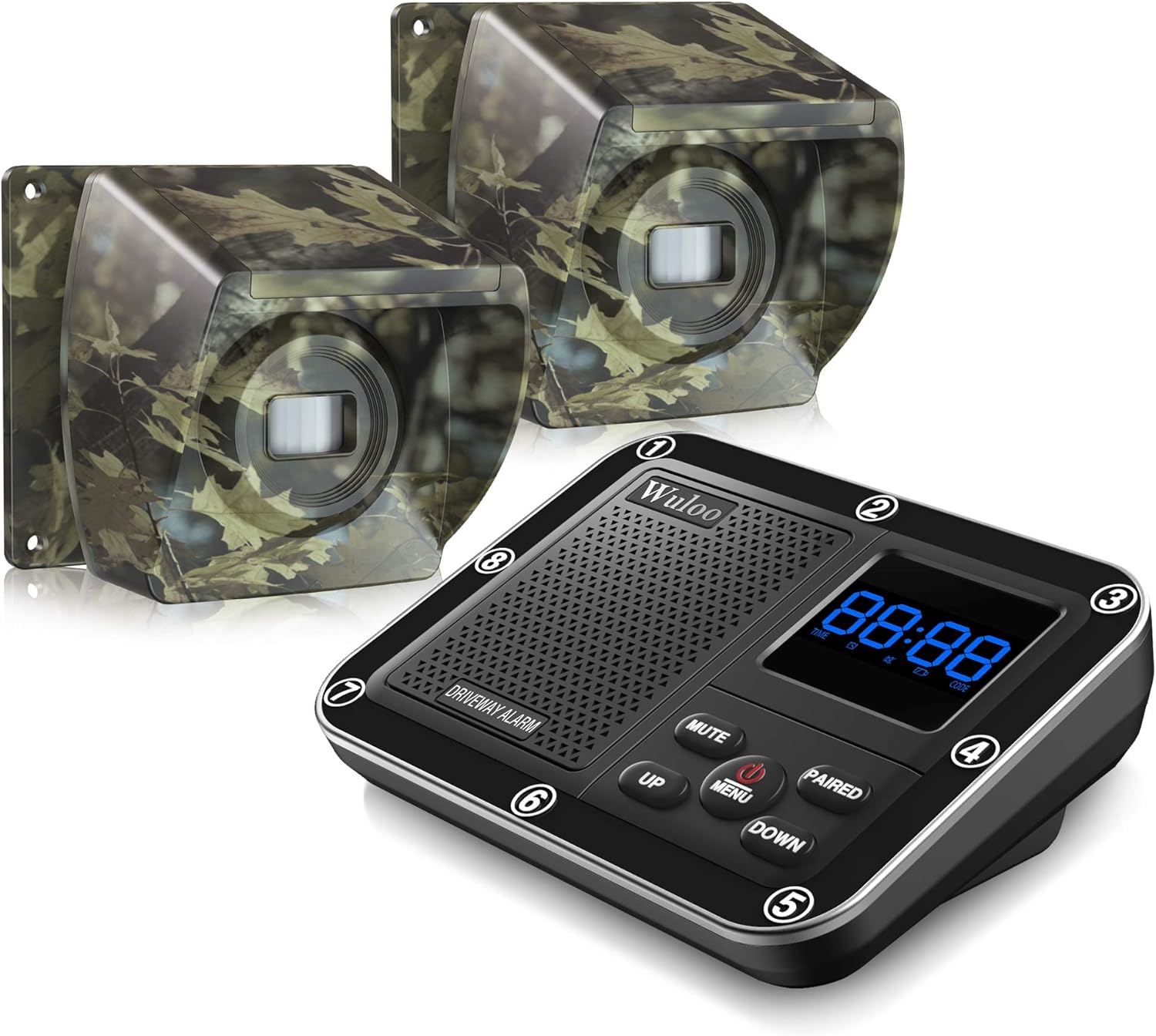 1800 Ft Wireless Outside Driveway Alarm Outdoor Motion Sensor & Detector Driveway Alert System, Rechargeable Battery/Weatherproof/Mute Mode/Clock and Alarm Functional (1&4-Camouflage)