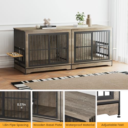 86 Inch Double Dog Crate Furniture with Divider, 4 Combination Forms Large Dog Kennel Furniture for 2 Dogs, Rustic Brown Corner Dog Kennel for Small Medium Large Dogs