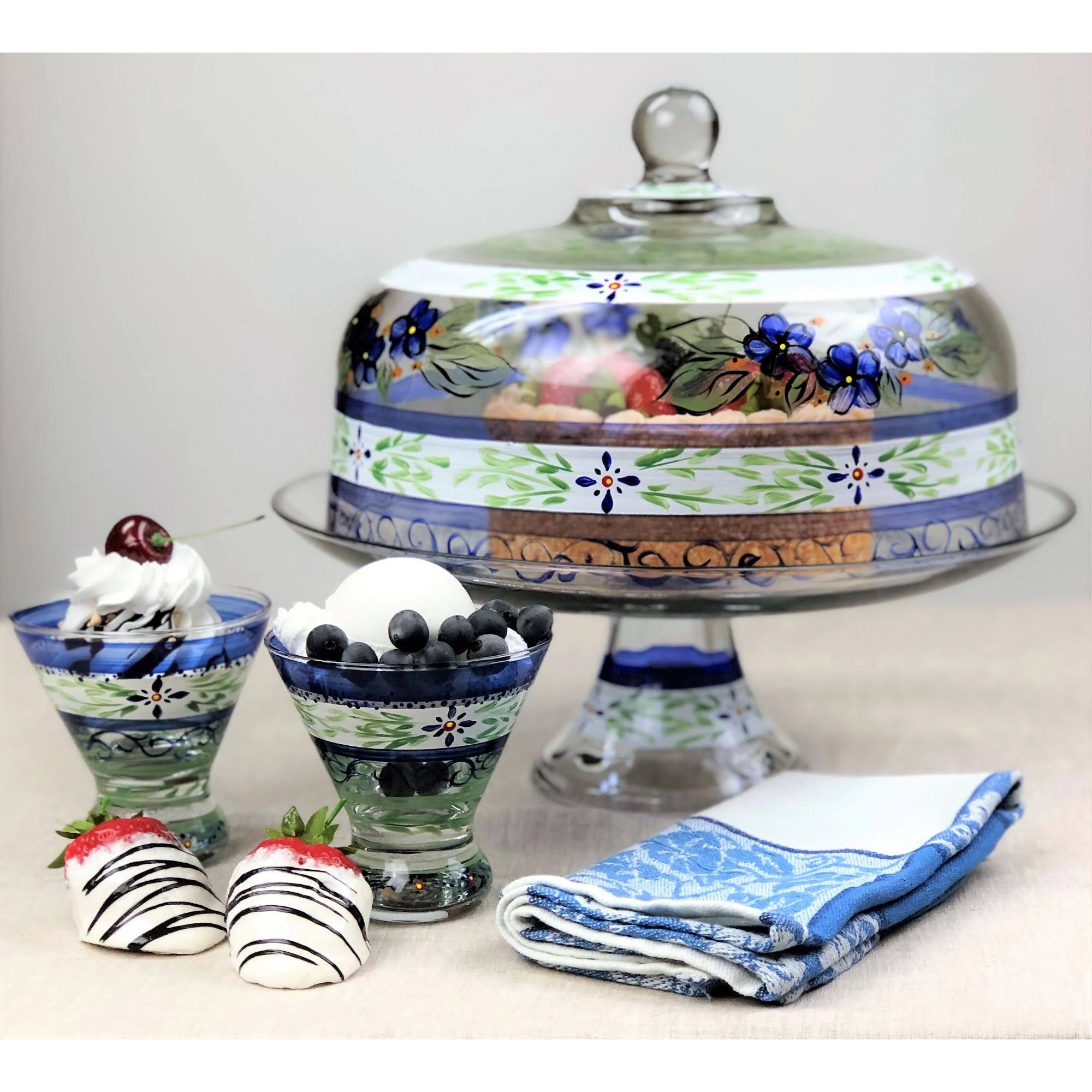 Blue Floral Hand Painted Glass Large Convertible Cake Dome 11x22