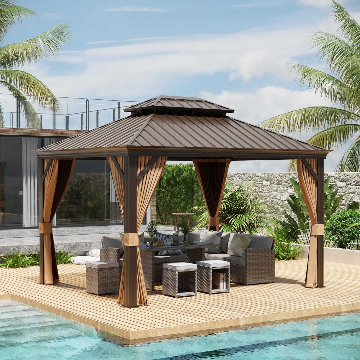 COBANA 10' X 12' Hardtop Gazebo Galvanized Steel Outdoor Gazebo with Netting and Curtains for Patio, Garden, Lawn