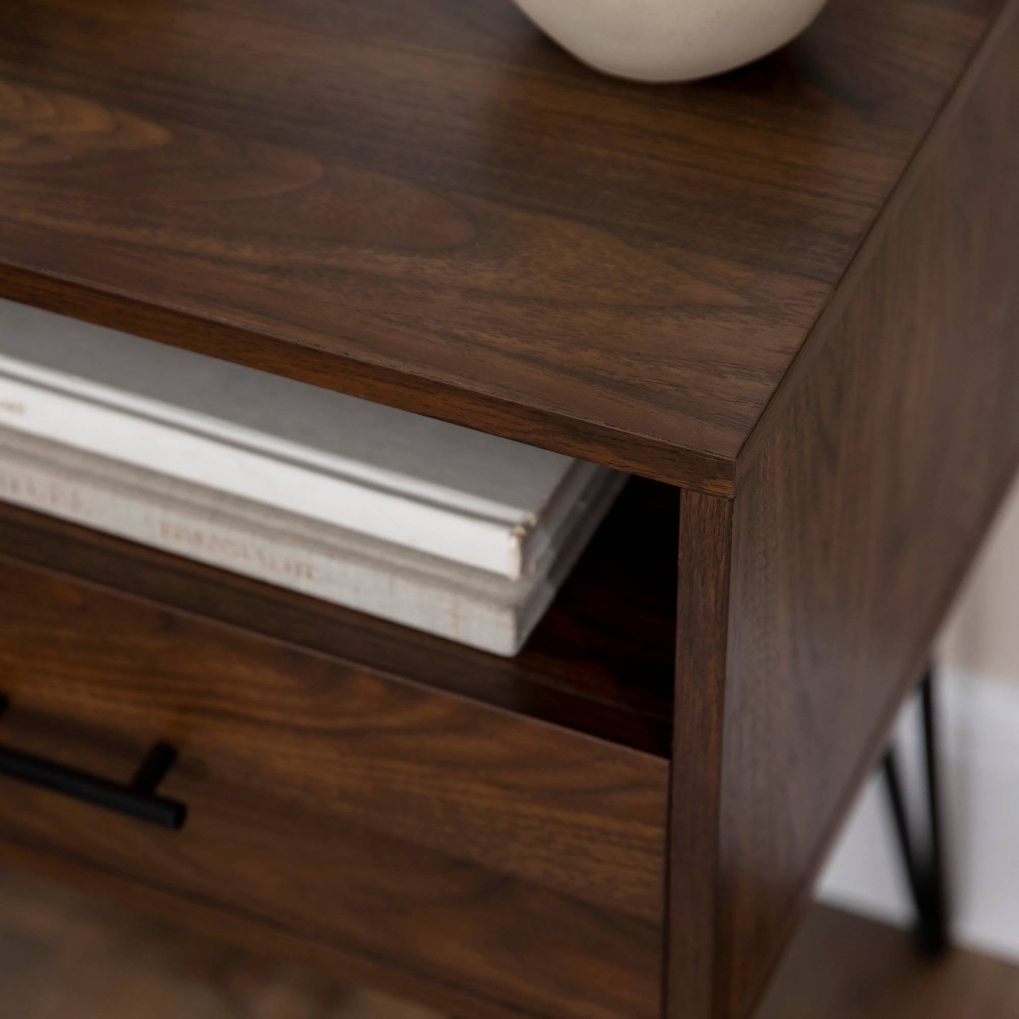 Amal Modern Single Drawer Hairpin Leg Side Table Dark Walnut - Saracina Home