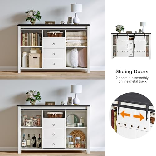 REAHOME Farmhouse Dresser for Bedroom Wood Dresser 48" Wide Modern Chest of Drawers with 3 Drawers & 2 Sliding Barn Doors Rustic Dresser TV Stand for Bedroom, Living Room, Kitchen - Rustic Brown