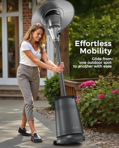 50,000 BTU Patio Heater for Outdoor Use With Adjustable Heat Focusing Top, Propane Patio Heater with Wheels, Stainless Steel Burner for Porch Garden Commercial Residential, Dark Brown