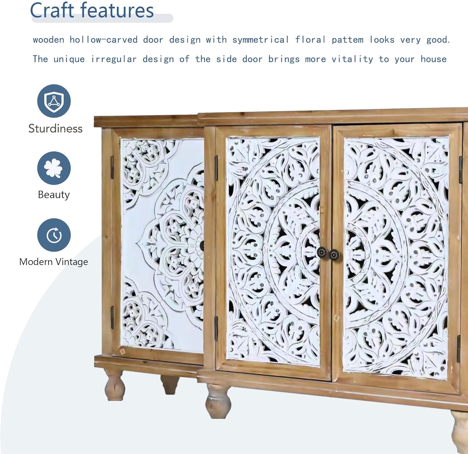4-Door Hollow-Carved Accent Cabinet, Distressed Wood Storage Cabinet Cupboard with adjustable shelves,unique design for Kitchen, Dining Room, Living Room, Entryway, Natural wood
