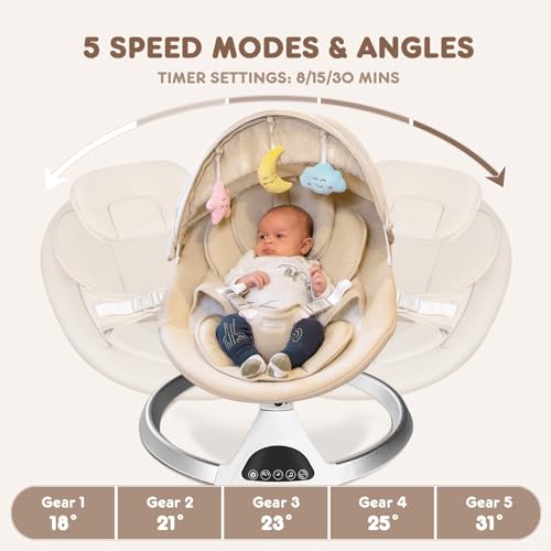 Electric Baby Swings for Infants to Toddler, Portable Babies Rocker Bouncer for Newborn Boy and Girls, Motorized Bluetooth Swing, Music Speaker with 12 Preset Lullabies, Remote Control Pink