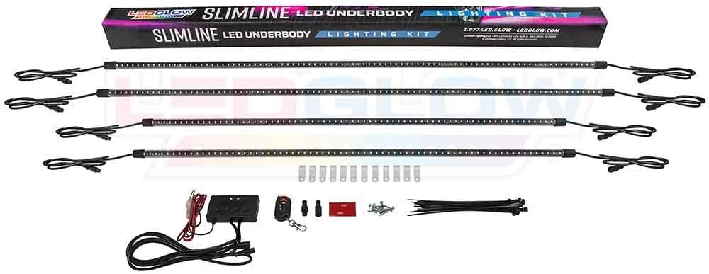 LEDGlow 4pc Multi-Color Slimline LED Underbody Underglow Accent Neon Lighting Kit for Cars - 10 Solid Colors - 13 Unique Patterns - Music Mode - Water Resistant Tubes - Includes Control Box & Remote
