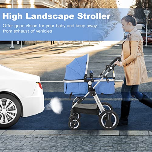 BABY JOY Baby Stroller, 2-in-1 Convertible Bassinet Reclining Stroller, Foldable Pram Carriage with 5-Point Harness, Including Cup Holder, Foot Cover, Diaper Bag, Aluminum Structure, Khaki