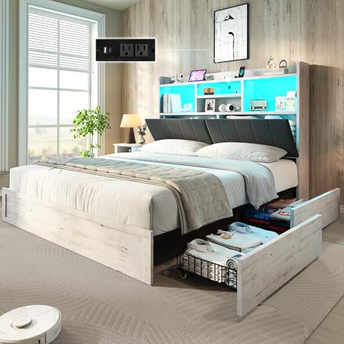 Full Farmhouse Bed Frame with Bookcase Headboard and 4 Drawers, LED Storage Bed with Charging Station & Linen Upholstered, No Box Spring Needed, Black