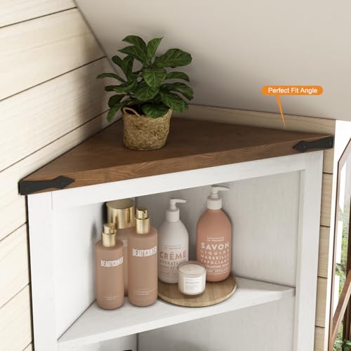 AMERLIFE 68" Tall Corner Cabinet, Farmhouse Corner Cabinet with Barn Door Design,Wall Corner Cabinet with Adjustable Shelves for Bathroom, Living Room,Antique White & Barnwood
