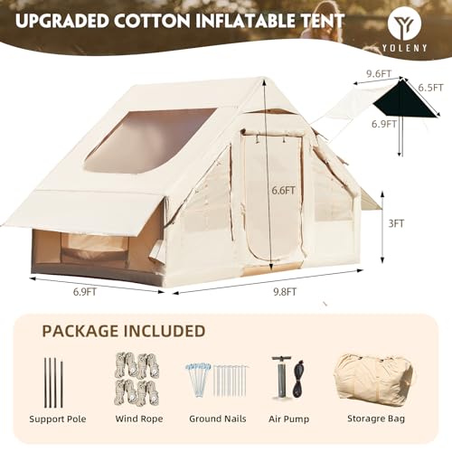 YOLENY Inflatable Tents for Camping, 4/6/8/10/12 Person Tent with TPU Skylight, Mesh Windows, Stove Jack & Pump, Easy Setup 4 Season Glamping Tent, Waterproof & Windproof