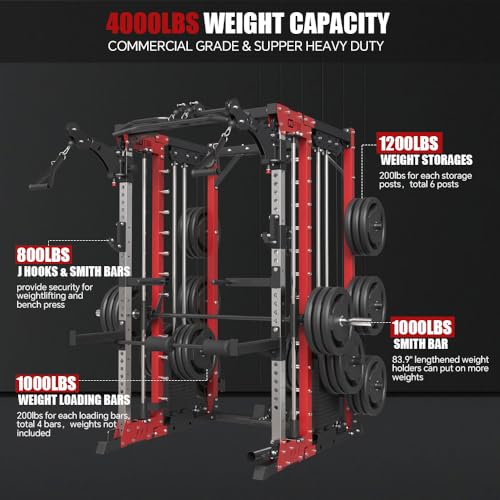 FAGUS Commercial Smithe Machine with 308lb Dual Weight Stacks, 4000LBS Power Cage Squat Rack with Lever Arm & Leg Press, Multi-Function Linear Bearing Cable Crossover Machine for Home Gym