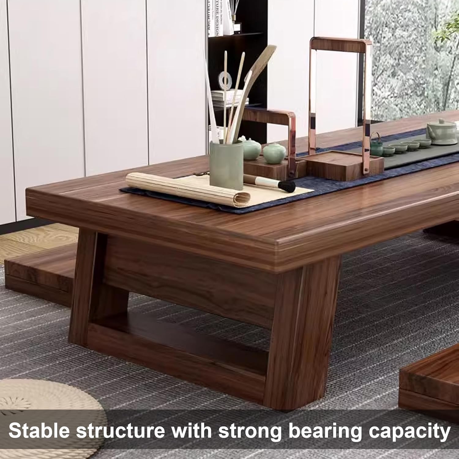 Japanese-Style Low Table, Solid Wood Tea Floor Table, Low Table for Floor Sitting Dining, Wooden Coffee Table Chabudai Furniture for Living Room, Reception Rooms, Tatami(Size:100cm