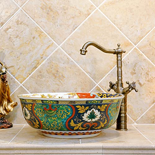 Ceramic Bathroom Vessel Sinks Luxury Retro Style Painted Multi Color Porcelain Round Sink Bowl