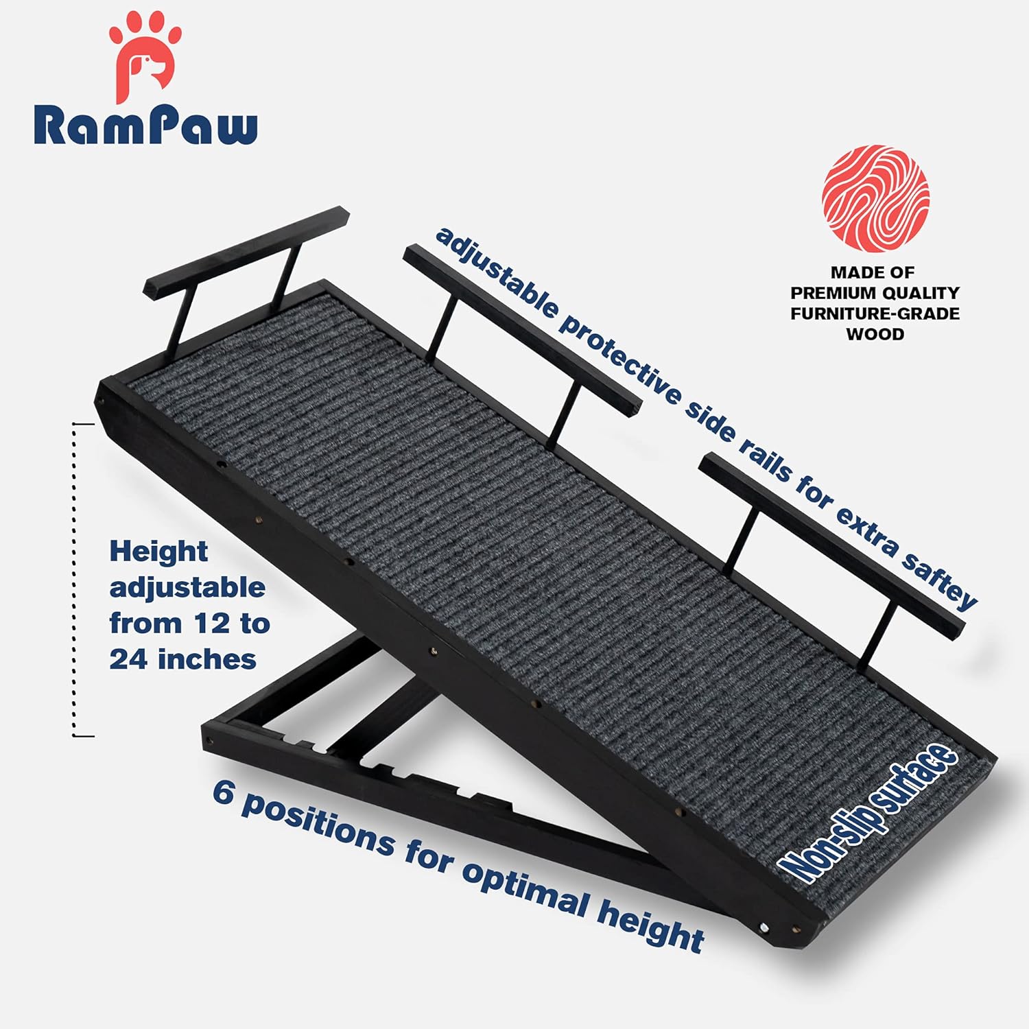 Rampaw Adjustable Pet Ramp for Small Dogs and Cats - for Couch or Bed with Paw Non Slip Traction Mat, Adjustable Height from 12 to 24 in - Sturdy, with Safety Side Rails, Dog Training Manual (Black)