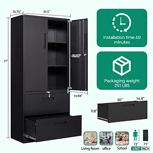 Letaya Metal Storage Cabinets for Home Office,File Cabinet with Adjust Shelves and Lock,2 Drawers Filing Cabinets-Hang Legal/Letter/A4/F4 Size Filing-Black