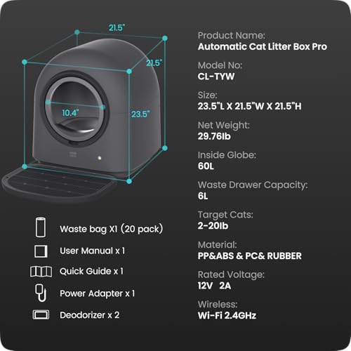 TYPro Self Cleaning Cat Litter Box Automatic Hands-Free Smart Robot self Cleaning Cat Litter Box for Multiple Cats with APP Control Safe with Litter Mat Waste Bags and Deodorizer Dark Grey