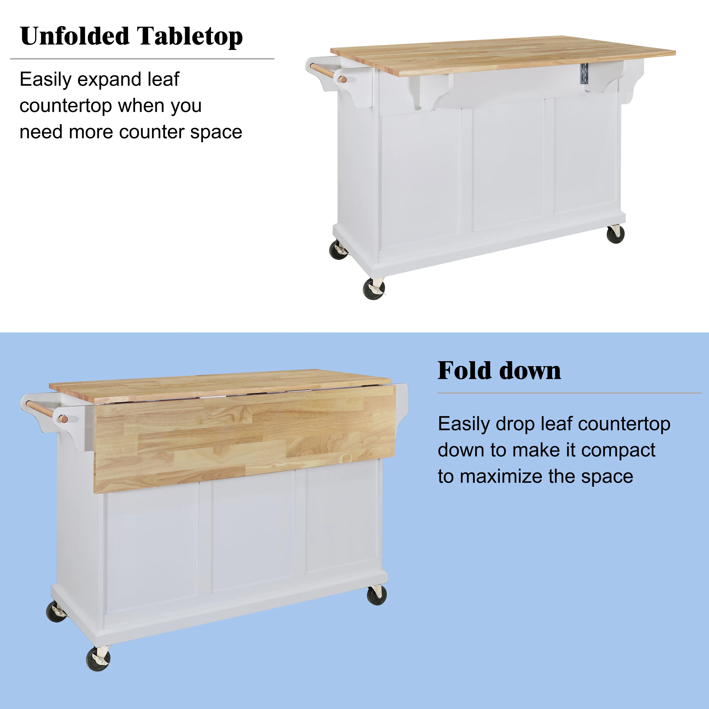 Multi-Functional Storage Island Cart with Rubberwood Countertop and Drop-Leaf, Greenguard Gold Certified, Kitchen Island on Wheels with Large Storage Cabinet,2 Drawers,Spice Rack,Towel Holder, White