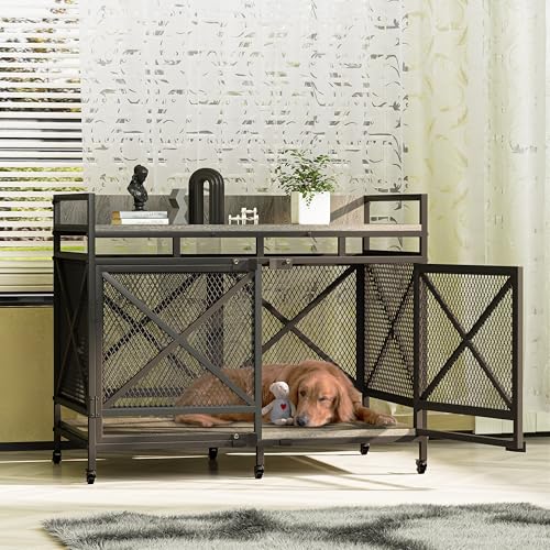 Large Dog Crate Furniture, 48 Inch Wooden Dog Kennel for XLarge Dogs, Heavy Duty Dogs Furniture Indoor Wire Dog Cage with Adjustable Feet & 360° Wheels, Decorative Pet House End Table, Grey
