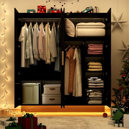 70in LED 4 Doors Armoires Wardrobe Closet&Cabinet with Metal Hanging Rod, Freestanding Bedroom Black Tall Armoires with RGB LED 60000-color Lights for Bedroom Office Clothes Organizer