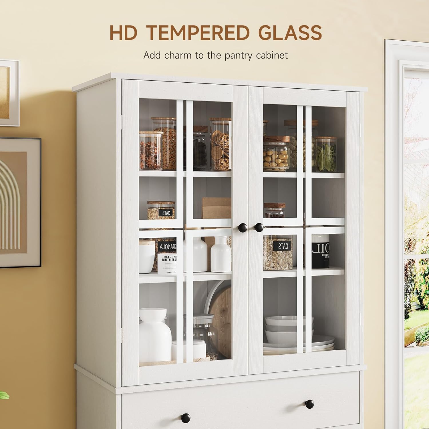 Kitchen Pantry Storage Cabinet, Tall Pantry Cabinet with Glass Doors and Large Drawer, Freestanding Pantry Cupboard with 3 Adjustable Shelves for Kitchen, Dining Room, Living Room, White