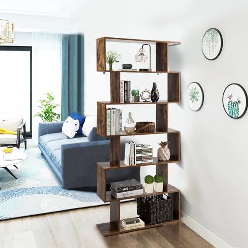 Tangkula 6-Tier Geometric Bookcase, Modern S-Shaped Storage Display Bookshelf for Living Room, Anti-Toppling Device, Home Office Wooden 6 Shelf Open Bookcase (2, Black)