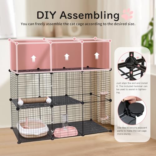 4-Tier Cat Cage with Storage Cubes, Large Cat Cages Indoor with Litter Box, DIY Metal Wire Cat Enclosure Playpen Kennels Crate Catio with Hammock, Cat Bed, Scratcher, Bowl for 1-3 Cats