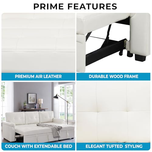 Naomi Home Jenny Sectional Sofa Sleeper with Storage Chaise, Tufted Pull Out Couch with Storage, L-Shaped Reversible Sleeper Sofa with Storage, Black,Air Leather