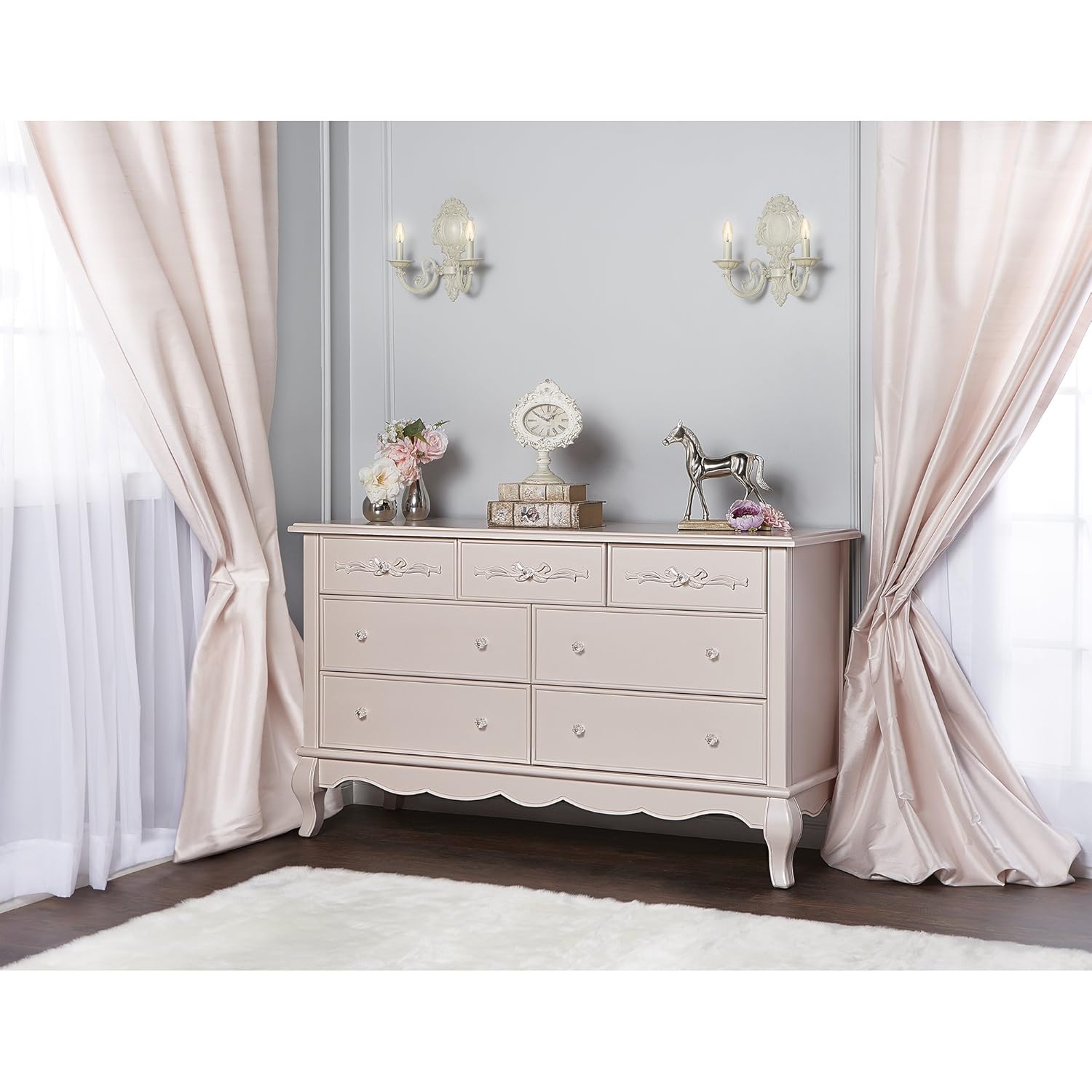 Evolur Aurora 54x20.3x34 Inch Dresser with Changing Tray, Dusty Rose