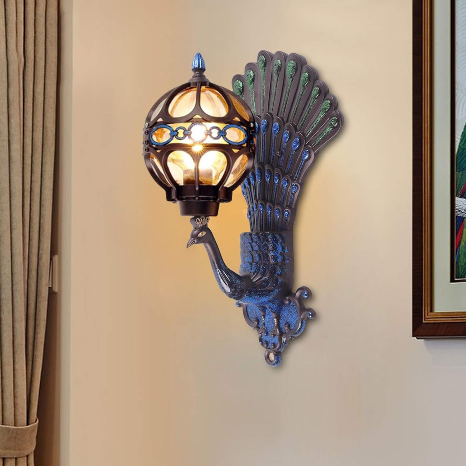 Peacock Wall Light Sconces, Metal and Glass Stained Wall Lamp Lighting LED Antique Wall Mounted Lamp,Peacock Shades Bedroom Bedside Wall Sconces Fixture,E27