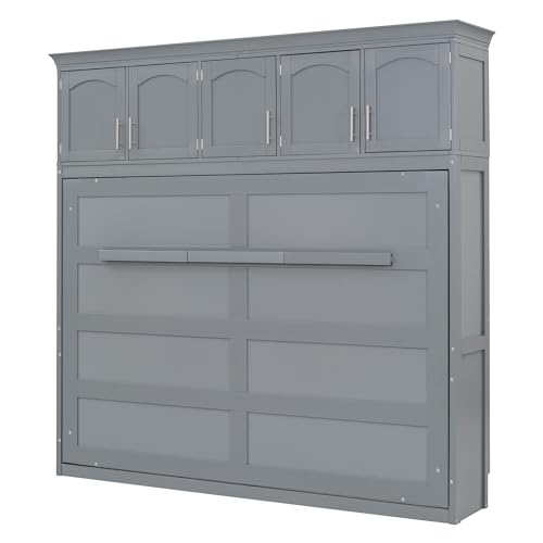 Full Size Murphy Bed with Built-in Wardrobe, 3 Drawers and 3 Open Shelves, Murphy Cabinet Bed with a Long Shelf, Bed Frame Can Be Folded Into A Cabinet, Space-Saving Design