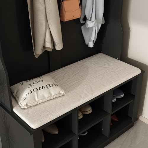 MOUMON Entryway Coat Rack with Storage Bench, Mudroom Storage Hall Tree with Shoe Rack, Hanging Hooks, Hall Tree and Shoe Storage for Entryway Grey (34.3”W x 16.5”D x 68.5”H)