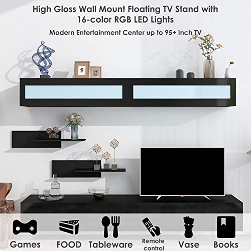 Wall Mount Floating TV Stand with Four Media Storage Cabinets and Two Shelves, Modern High Gloss Entertainment Center for 95+ Inch TV, 16-Color RGB LED Lights for Living Room, Bedroom, Black