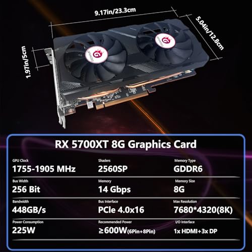 Radeon RX 5700 XT 8GB Graphics Card GDDR6 2560SP 256bit Computer Graphics Cards GPU PCI-e 4.0 x16 HDMI/DisplayPort*3 Interface,AMD Video Cards for PC Gaming and Office, Support Up to 8K