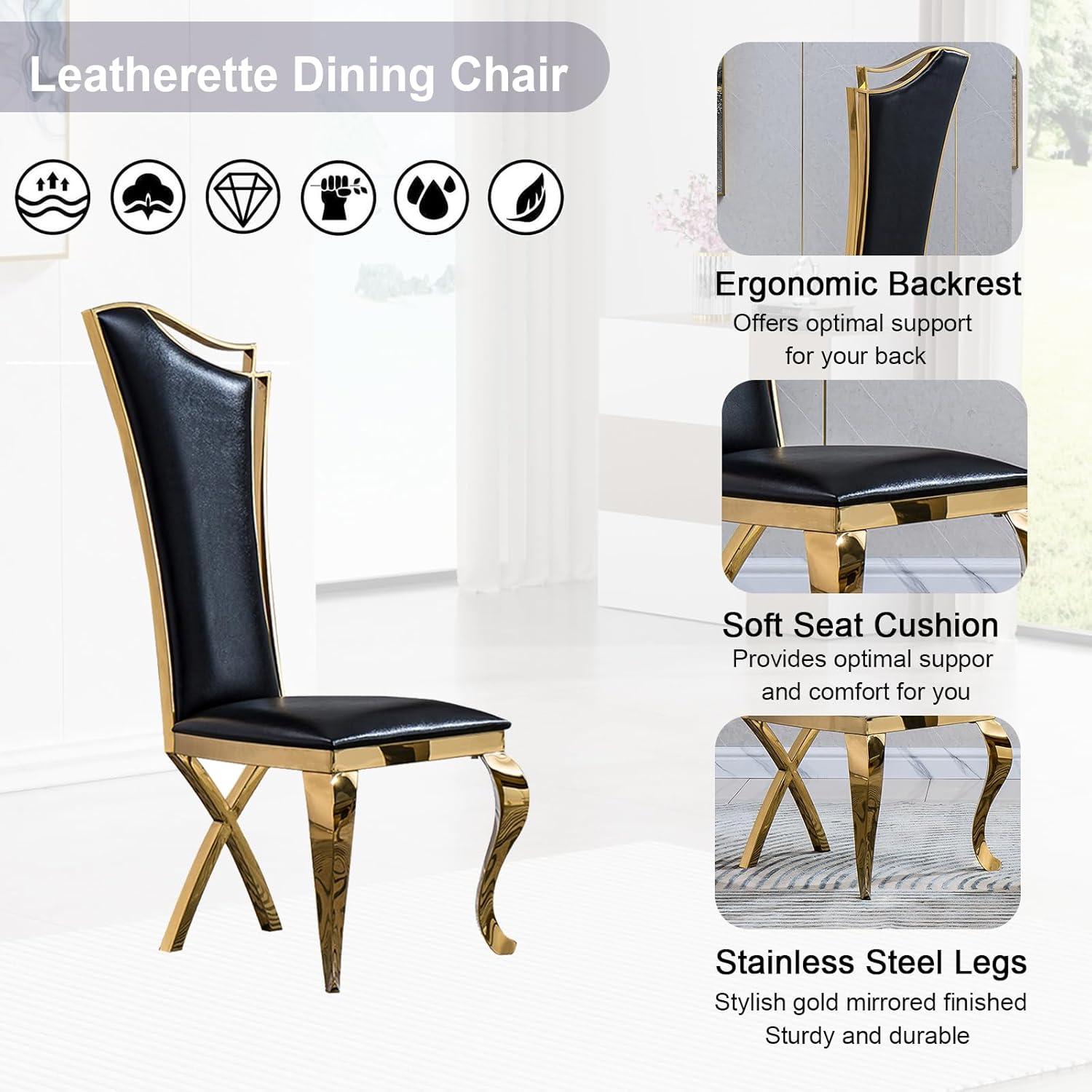 Modern Dining Room Table Set for 6, Marble Dining Table Set for 6, 70" Black Gold Marble Dining Table with 6 Upholstered PU Leather Chairs, 7 Piece Dining Table Set for Dining Room Kitchen
