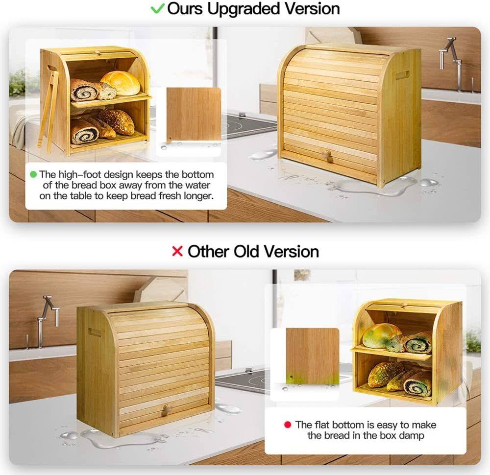 Bamboo Bread Box, Finew 2 Layer Rolltop Bread Bin for Kitchen, Large Capacity