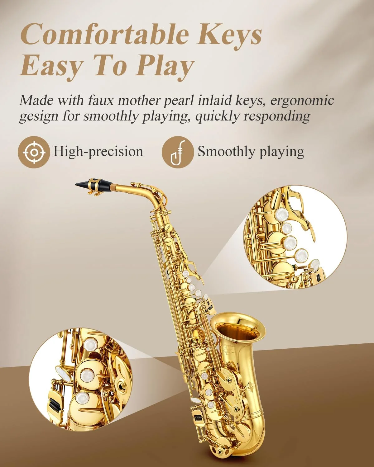 Eastar Alto Saxophone with Stand E Flat Gold Lacquer Student Beginner Sax Full Kit School Band Orchestra Instruments AS-II