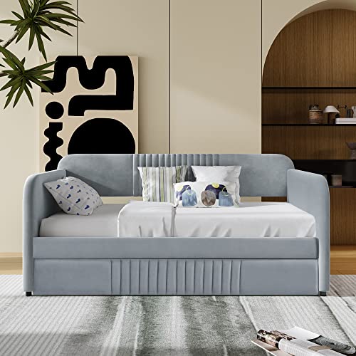 Upholstered Twin Size Daybed with 2 Storage Drawers,Upholstered Day Bed Frame Velvet Sofa Beds with Vertical Channel Tufted Headboard w/Wood Slat Support,No Box Spring Needed