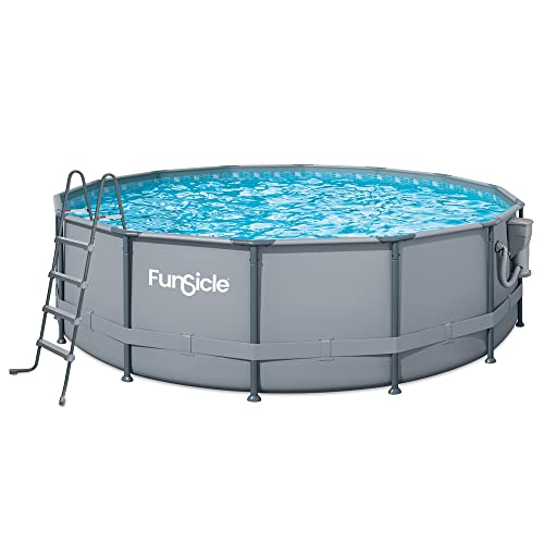 Funsicle 14' x 42" Oasis Designer Round Frame Above Ground Outdoor Swimming Pool Set with SkimmerPlus Filter Pump, Ladder, and Pool Cover, Gray