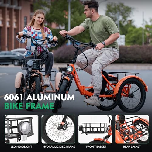 MOONCOOL Electric Tricycle for Adults, 500W 48V Folding Electric Trike Peak Power 750W, 3 Wheels Electric Bicycle, Aluminum Frame Electric Tricycle with Large Basket and Removable Battery