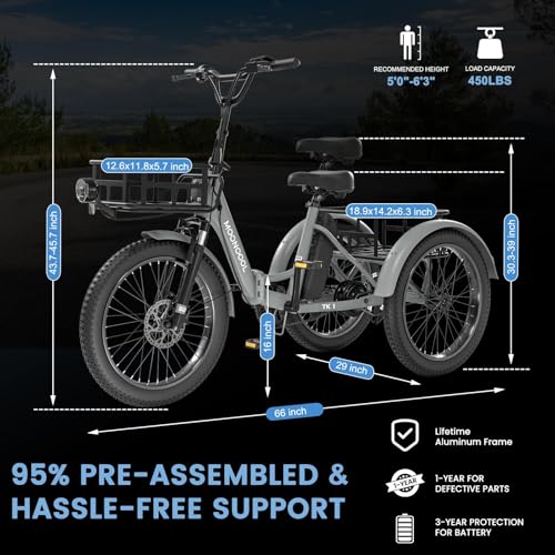 MOONCOOL Electric Tricycle for Adults, 500W/750W 48V 20" Folding Electric Trike Peak Power 1100W, 3 Wheels Electric Bicycle, Aluminum Frame Electric Tricycle with Large Basket and Removable Battery